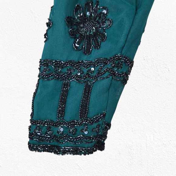 80s Vintage Green Black Silk Beaded Sequin Cropped Designer Jacket Size Large - Picture 6 of 9